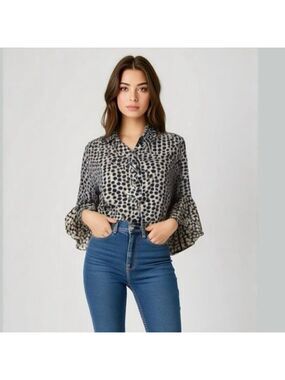 Cato Blue Beige Polka Dot Bell Sleeve Top Medium